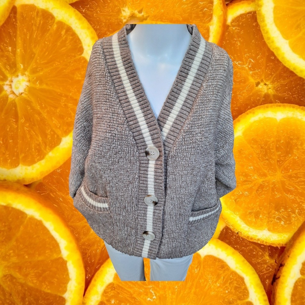 PIGMENT Women's Knit Cardigan Brown‎ V Neck Button Front Striped Trim Pockets